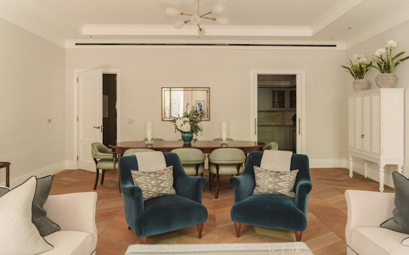 Open plan living & dining area in show apartment 7