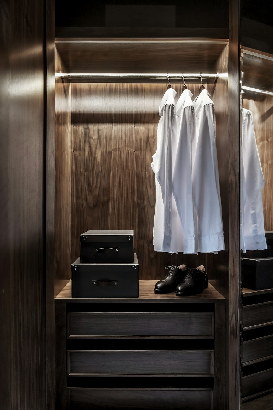 Bespoke, handcrafted wardrobe in the dressing room