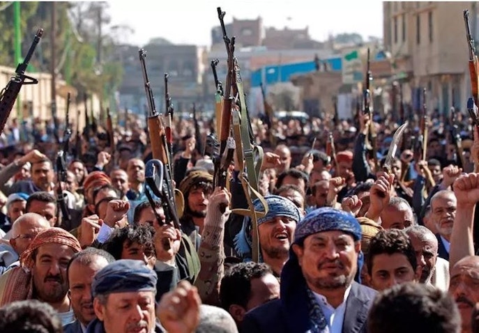 Yemenis stage a protest against the US decision to proscribe the Ansarullah movement as a terrorist organization. Sanaa, Jan. 20, 2021.  (Photo via Tasnim News Agency)
