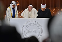 Abu Dhabi's crown prince, the Pope and Egypt's Azhar grand imam in the UAE, Feb. 4, 2019.(Photo via Getty Images)