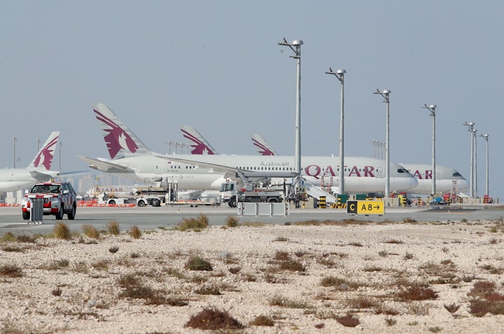 Qatar Airways airplanes on the tarmac of Hamad International Airport, Doha, Jan. 11, 2021.(Photo via Getty Images)