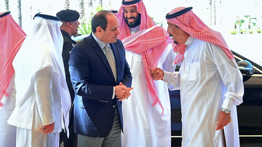 Crown Prince Mohammed bin Salman receiving Egypt's President Abdel Fattah Al-Sisi at the NEOM site, Saudi Arabia, on Aug. 14, 2018. (Photo via Getty Images)