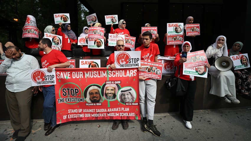 Protests against Saudi Arabia's decision to execute three leading religious scholars including Salman Al-Awdah, New York, United States, June 1, 2019. (Photo via Getty Images)
