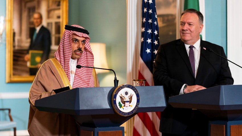 The Saudi foreign minister at a joint press conference with his counterpart at the U.S. State Department, Oct. 14, 2020 (Photo via Getty Images)