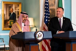 The Saudi foreign minister at a joint press conference with his counterpart at the U.S. State Department, Oct. 14, 2020 (Photo via Getty Images)
