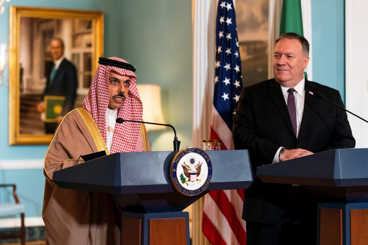 The Saudi foreign minister at a joint press conference with his counterpart at the U.S. State Department, Oct. 14, 2020 (Photo via Getty Images)