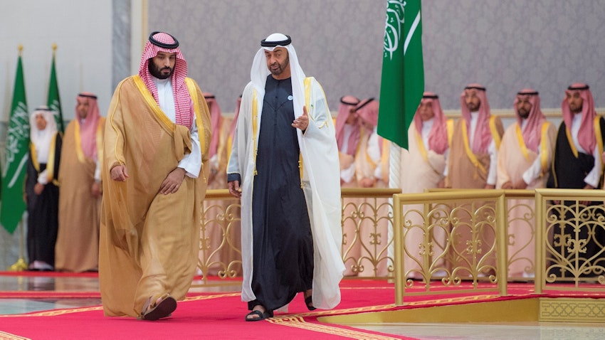 Mohammed bin Salman is welcomed by Mohammed bin Zayed in Abu Dhabi, United Arab Emirates on Nov. 22, 2018 (Photo via Getty Images)