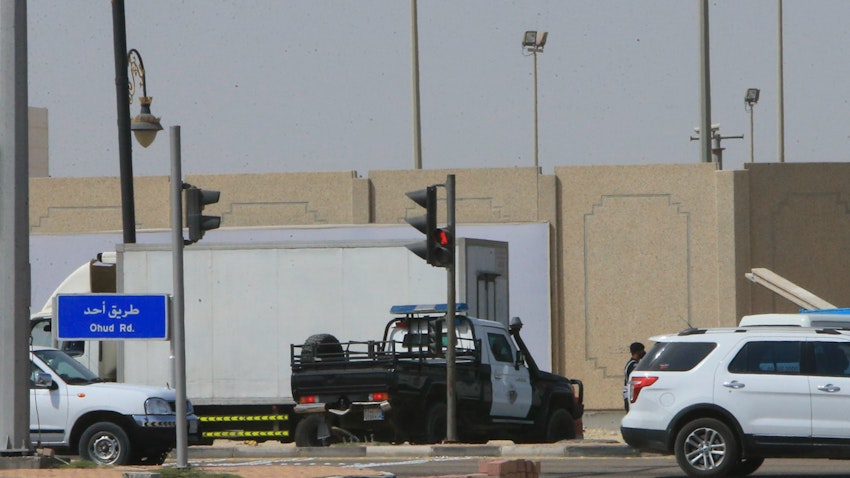 Security forces guard an entrance of Qatif city in Saudi Arabia's Eastern Province, Mar. 9, 2020.(Photo via Getty Images)