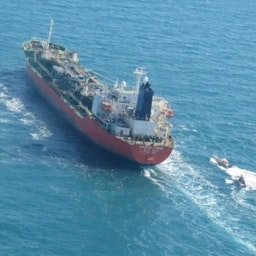 South Korean tanker seized by Iran's Islamic Revolutionary Guard Corps over alleged marine pollution, Persian Gulf, Jan. 4, 2021. (Photo via Tasnim News Agency)