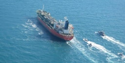 South Korean tanker seized by Iran's Islamic Revolutionary Guard Corps over alleged marine pollution, Persian Gulf, Jan. 4, 2021. (Photo via Tasnim News Agency)