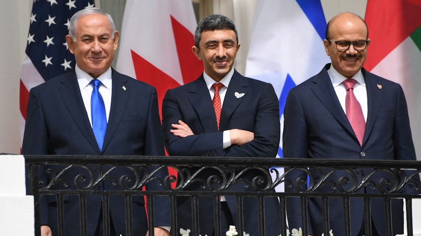 Israel's prime minister and the foreign ministers of Bahrain and the UAE in Washington, DC, on Sept. 15, 2020 (Photo via Getty Images)