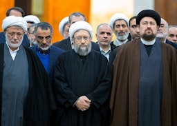 Iranian clerics Sadeq Amoli Larijani (center) and Hassan Khomeini (right) in Tehran, Iran on Jan. 31, 2018. (Photo by Mohammad Hassanzadeh via Tasnim News Agency)