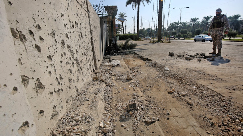 Damage outside Zawraa park recorded in the aftermath of a rocket attack on Green Zone in Baghdad, Iraq Nov. 18, 2020 (Photo via Getty Images)