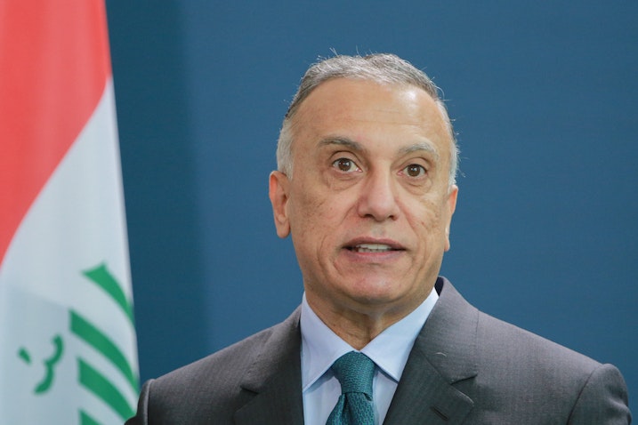 رئيس الوزراء العراقي مصطفى الكاظمي يتحدث في مؤتمر صحفي. برلين، 20 أكتوبر/ تشرين الأول 2020 (الصورة عبر غيتي إيماجز)
