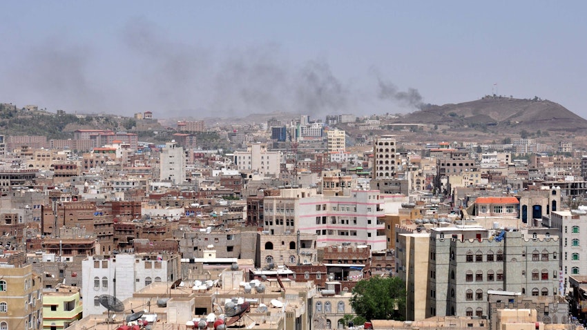 Smoke rises from Houthi positions near Ma'rib city, Yemen on Sept. 20, 2014 (Photo via Getty Images)
