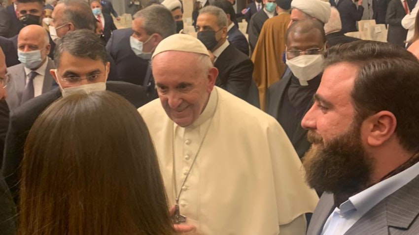 Pope Francis (center) meets with Iraqi dignitaries in Baghdad, including Ryan Al-Kildani (Chaldean) (right) on Mar. 5, 2021. (Photo via Twitter/@ChaldeanRyan)