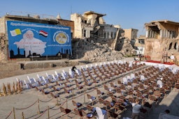 The ruins of the Syriac Catholic Church of the Immaculate Conception in Mosul, Iraq on March 6, 2021, amidst preparations ahead of the Pope's visit. (Photo via Getty Images)