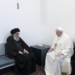 Pope Francis meets with Ayatollah Ali Al-Sistani in Najaf, Iraq on Mar. 6, 2021. (Photo via Getty Images)