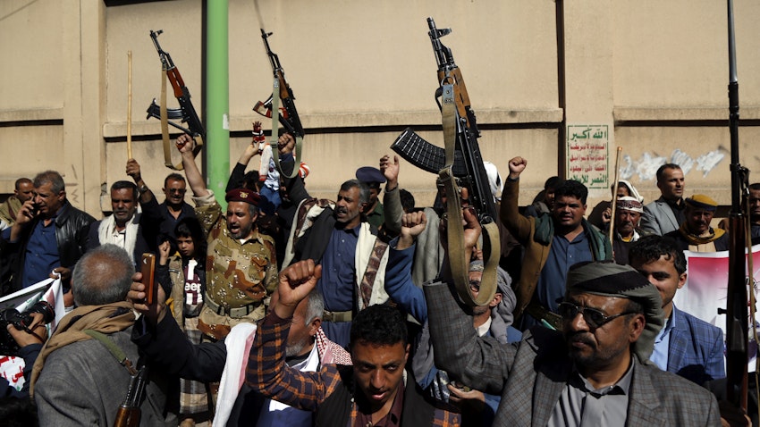 Houthi fighters protest against the US decision to list the group as a foreign terrorist organization on Jan. 20, 2021 in Sana'a, Yemen (Photo via Getty Images)