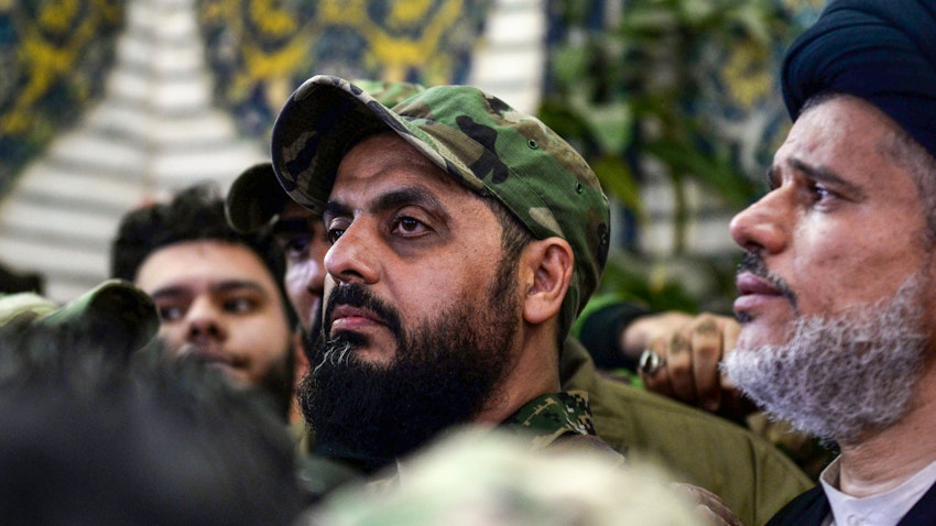 Qais Al-Khazali, commander of the Asa’ib Ahl Al-Haq attends a funeral procession in the shrine city of Najaf on Jan. 4, 2020. (Photo via Getty Images)