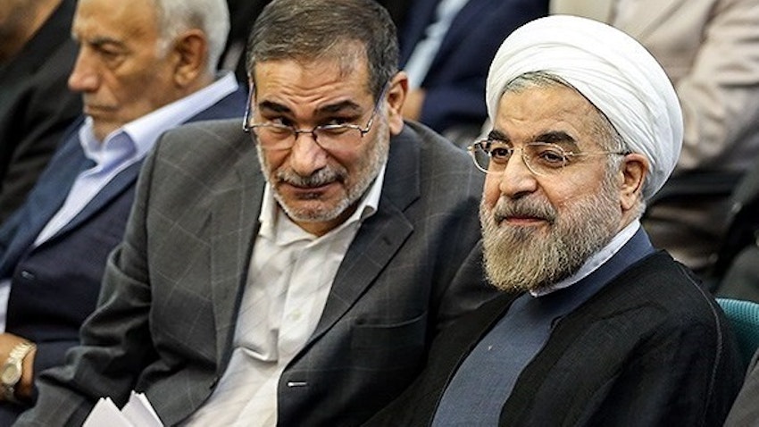 Hassan Rouhani and Ali Shamkhani at a summit for Iranian veterans of the 1980-88 Iran-Iraq war. Tehran, Iran. July 16, 2013. (Photo by Hamed Malekpour via Tasnim News Agency)
