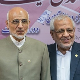 Mostafa Mirsalim and Asadollah Badamchian in a press conference during Iran's 2017 presidential elections. Tehran, Iran. April 23, 2017. (Photo by Foad Ashtari via Tasnim News Agency)