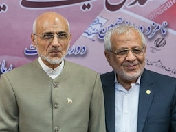 Mostafa Mirsalim and Asadollah Badamchian in a press conference during Iran's 2017 presidential elections. Tehran, Iran. April 23, 2017. (Photo by Foad Ashtari via Tasnim News Agency)