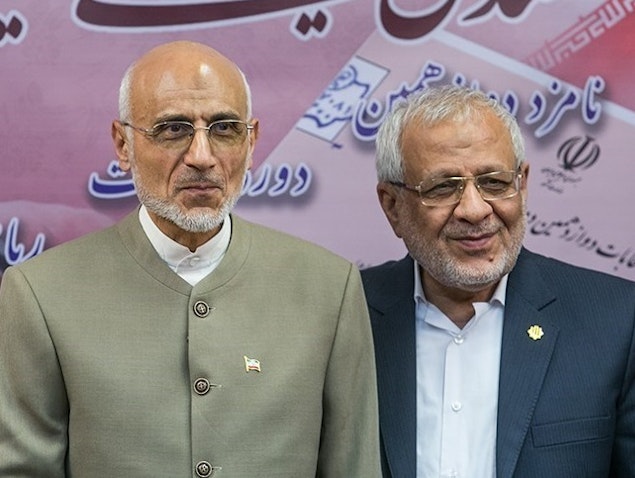 Mostafa Mirsalim and Asadollah Badamchian in a press conference during Iran's 2017 presidential elections. Tehran, Iran. April 23, 2017. (Photo by Foad Ashtari via Tasnim News Agency)