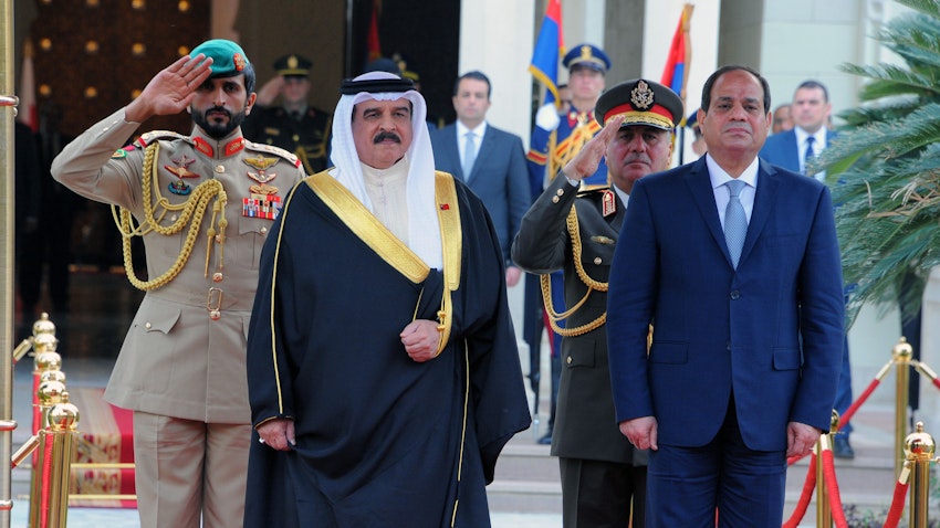 Bahrain's king is welcomed by Egypt's president in Cairo on March 27, 2017 (Photo via Getty Images)