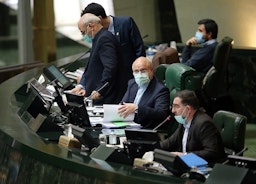 Speaker Mohammad Baqer Qalibaf (second from right) addresses an open session of parliament in Tehran, Iran on Feb.19, 2021 (Photo by Seyed Mahmoud Hosseini via Tasnim News Agency)