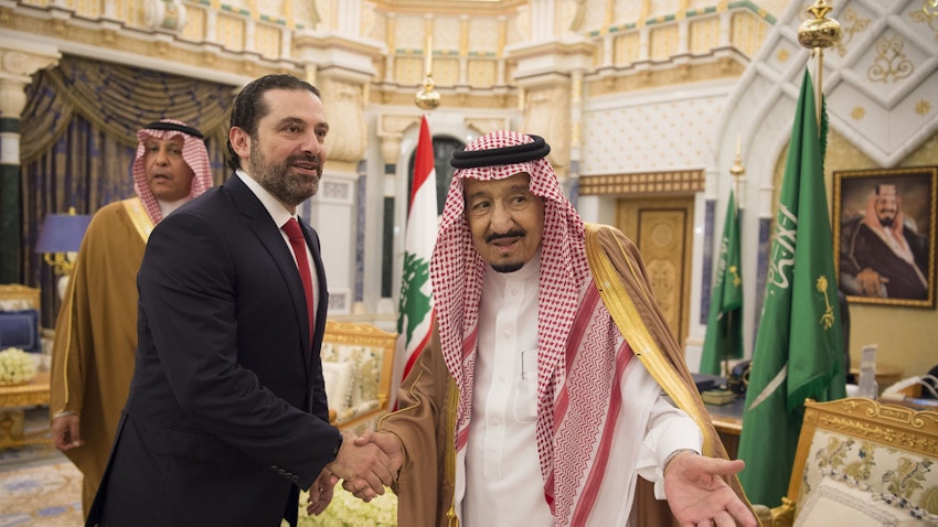Saudi Arabia's King Salman bin Abdulaziz Al Saud welcomes Lebanon's then-Prime Minister Saad Hariri in Riyadh on Feb. 28, 2018 (Photo via Getty Images)