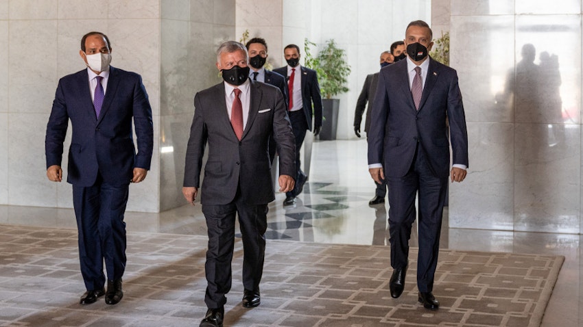 The Jordanian, Iraqi and Egyptian leaders meet at a trilateral summit in Amman, Jordan on Aug. 25, 2020. (Photo via Getty Images)