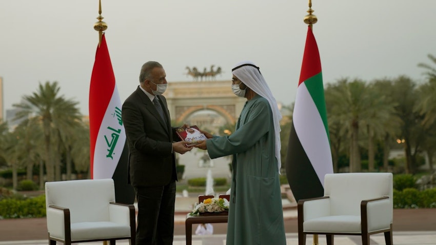 Iraq's prime minister meets with Dubai's ruler in the United Arab Emirates on Apr. 4, 2021.  (Photo via Iraqi prime minister's media bureau)