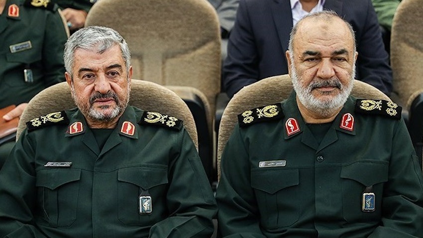 IRGC Generals Mohammad Ali Jafari (left) and Hossein Salami (right) attend a ceremony in Tehran, Iran on Apr. 24, 2019. (Photo by Hamed Malekpour via Tasnim News Agency)