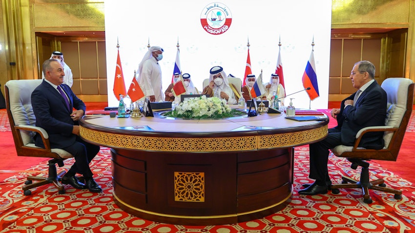 The foreign ministers of Turkey, Qatar, and Russia convene in Doha on March 11, 2021. (Photo via Getty Images)