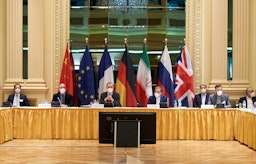 Representatives of the European Union (L) and Iran (R) attend the Iran nuclear talks at the Grand Hotel in Vienna, Austria on Apr. 6, 2021. (Photo via Getty Images) 