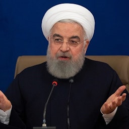 Iran's President Hassan Rouhani at a news conference. Tehran, Iran. Dec. 14, 2020. (Photo by Hossein Zohrehvand via Tasnim News Agency)