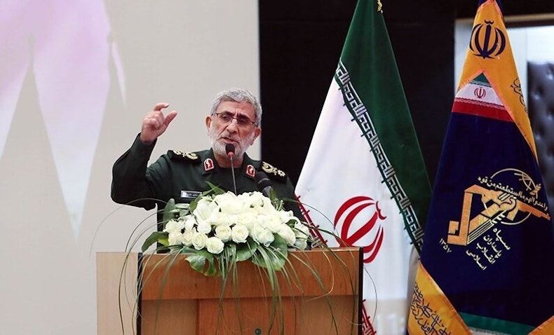 سخنرانی اسماعیل قاآنی، فرمانده نیروی قدس ایران در مراسمی در مشهد؛ ایران، ۲۲ اسفند ۱۳۹۸/ ۱۲ مارس ۲۰۲۰ (عکس از نیما نجف زاده/ خبرگزاری تسنیم)