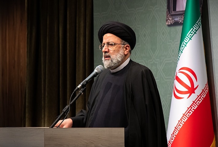 Then judiciary chief Ebrahim Raisi addresses judges and judiciary staff during a meeting in West Azarbaijan, Iran on Feb. 19, 2021. (Photo by Ali Arsalani via Fars News Agency)