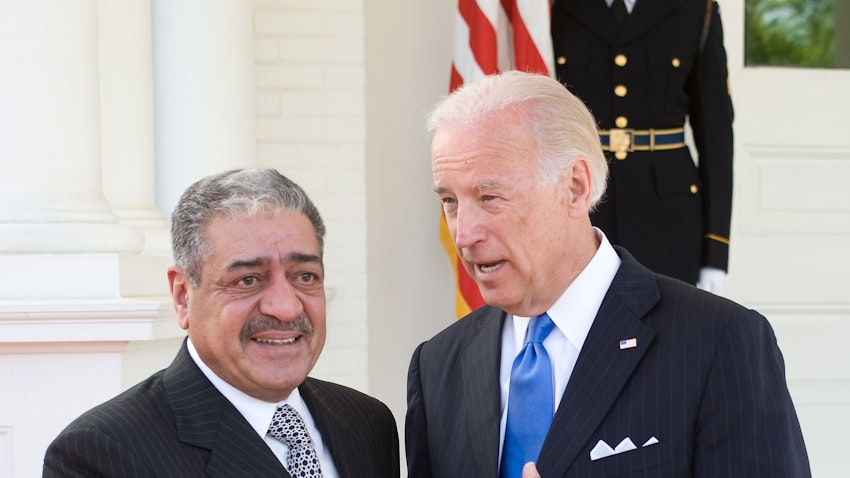 US President Joe Biden welcomes Saudi Prince Muqrin bin Abdulaziz Al Saud in Washington on Apr. 12, 2010 (Photo via Getty Images)