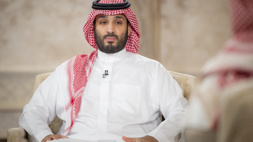 Saudi Crown Prince Mohammed bin Salman sits for an interview with Saudi national television in Riyadh, (aired) on April 27, 2021. (Source: Saudi Royal Council via Getty Images)