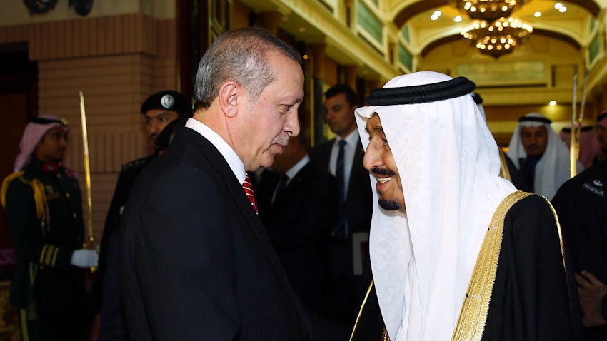 Saudi King Salman bin Abdulaziz Al Saud bids farewell to Turkish President Recep Tayyip Erdoğan in Riyadh on March 2, 2015. (Photo via Getty Images)