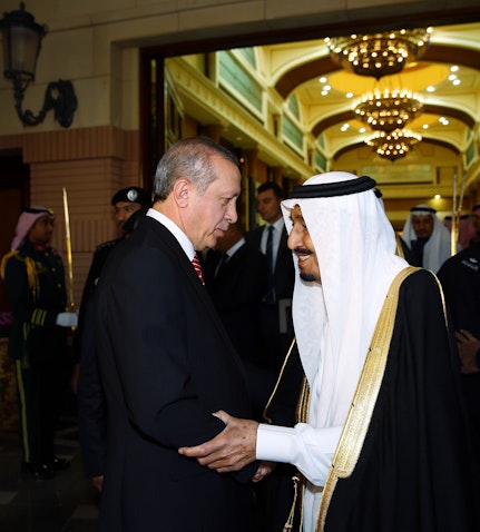 Saudi King Salman bin Abdulaziz Al Saud bids farewell to Turkish President Recep Tayyip Erdoğan in Riyadh on March 2, 2015. (Photo via Getty Images)