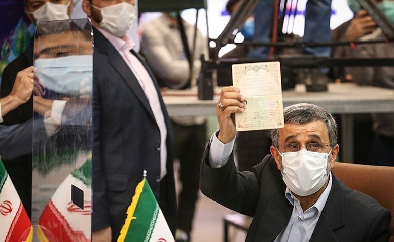 Former Iranian president Mahmoud Ahmadinejad registers to run in the June 18 presidential elections at the interior ministry in Tehran. May 12, 2021. (Photo by Hossein Zohrehvand via Tasnim News Agency)