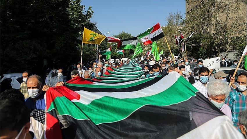 Iranians rally in solidarity with Palestinians amid violence in Gaza. Tehran, Iran on May 13, 2021. (Photo by Masoud Shahrestani via Tasnim News Agency) 