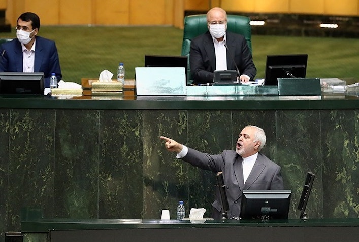 Iranian Foreign Minister Mohammad Javad Zarif in an open session of parliament in Tehran. July 5, 2020. (Photo by Mohammad Hassanzadeh via Tasnim News Agency)