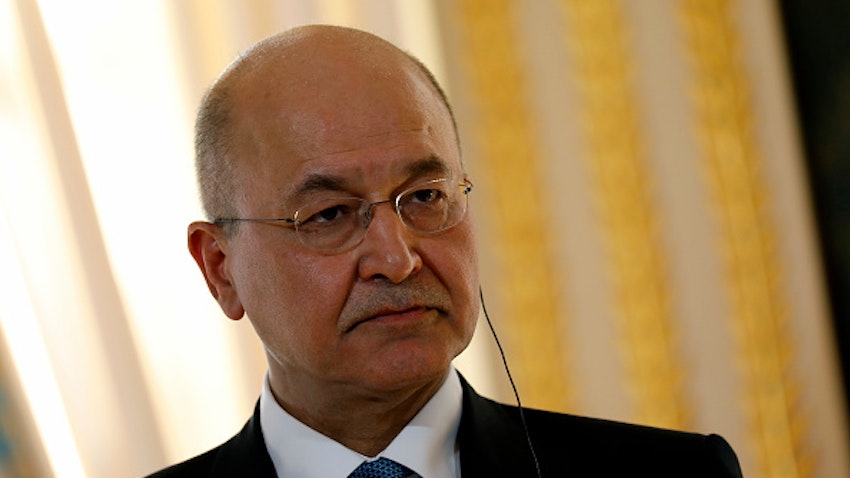 Iraqi President Barham Salih appears at a press conference in Paris on Feb. 25, 2019. (Photo via Getty images)