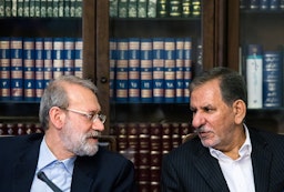Iran's former parliament speaker Ali Larijani  and First Vice President Es'haq Jahangiri in a meeting in Tehran on Aug. 14, 2018. (Photo by Amir Kholusi via ISNA News Agency)