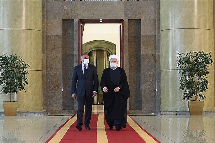 Iran's President Hassan Rouhani (R) welcomes Iraqi Prime Minister Mustafa Al-Kadhimi in Tehran on July 21, 2020. (Photo via President.ir)