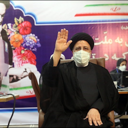 Judiciary chief Ebrahim Raisi waves at the election headquarters in Tehran, Iran on May 5, 2021 . (Photo via Tasnim News Agency)